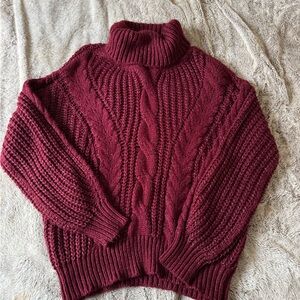 Burgundy Cable Knit Turtleneck Sweater